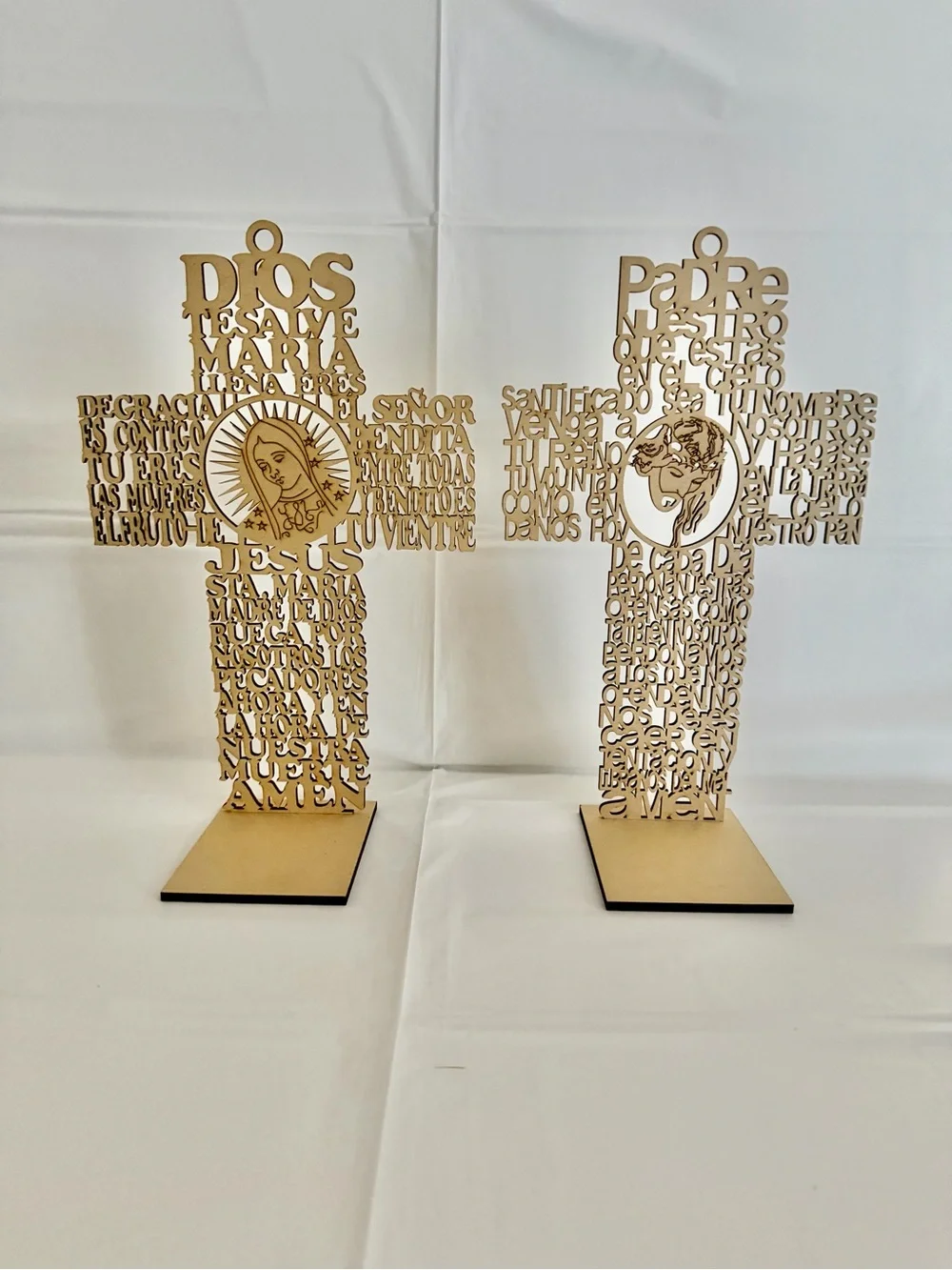 Wooden Laser-Cut Cross with Virgin Mary Design - Natural Wood